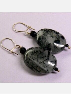 14KY GOLD Tourmalated Quartz & Black ONYX Earrings
